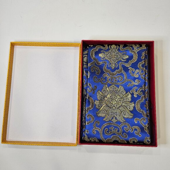 Exquisite Yung Silk Brocade Cobalt Blue And Gold Scarf With Silk Fringe - Picture 2 of 8